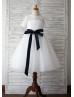 Ivory Lace Tulle Short Sleeves Heart Hole Back Knee Length Flower Girl Dress 